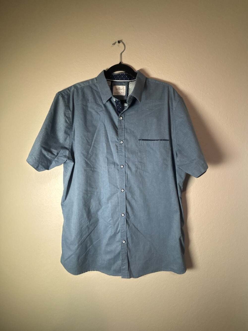 Craft + Flow Mens Short Sleeve Button Up Shirt Dark Blue Textured